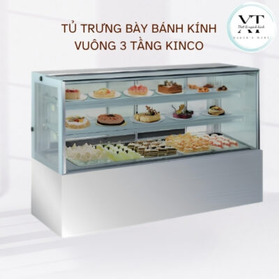 TỦ TRƯNG BÀY BÁNH KÍNH VUÔNG 3 TẦNG KINCO
